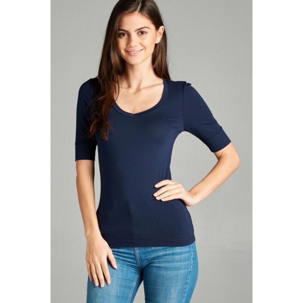 Basic Navy V-Neck Elbow Sleeve Tee
